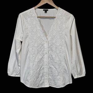 Ann Taylor White Eyelet Embroidered Button Down Top Romantic Heritage Womens M